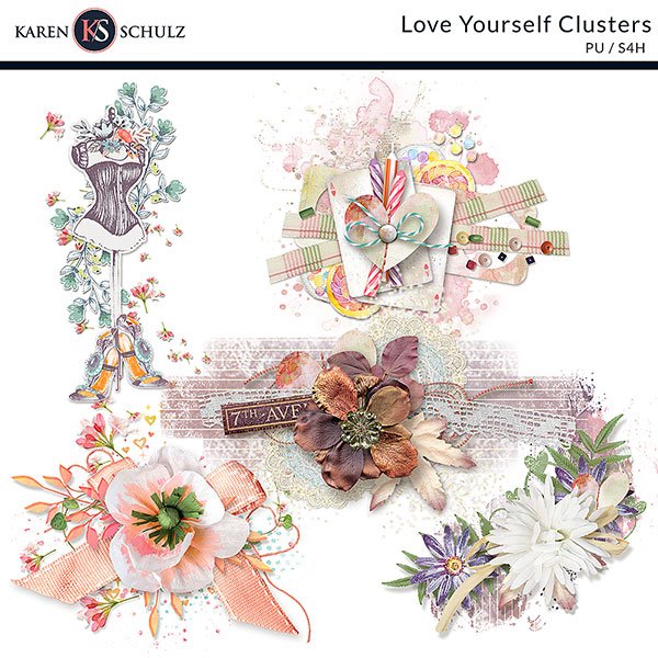 Love Yourself Digital Scrapbook Clusters Preview by Karen Schulz Designs