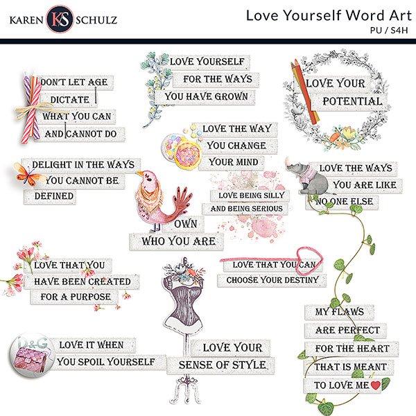 Love Yourself Digital Scrapbook Word Art Preview by Karen Schulz Designs