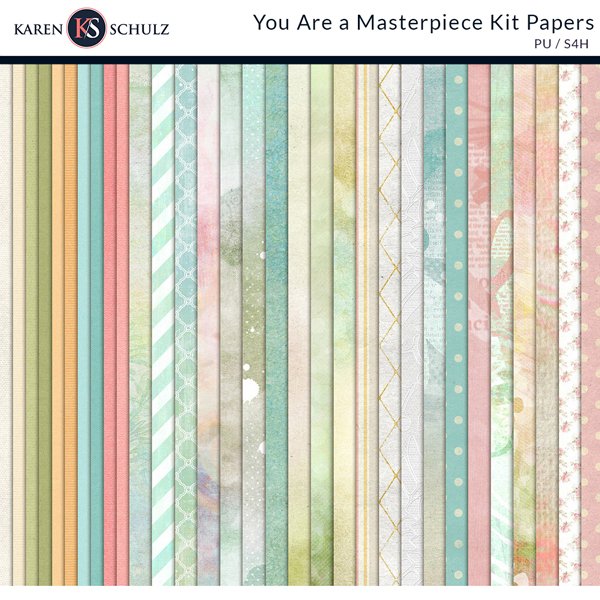You are a masterpiece digital scrapbook Kit Papers Preview by Karen Schulz Designs