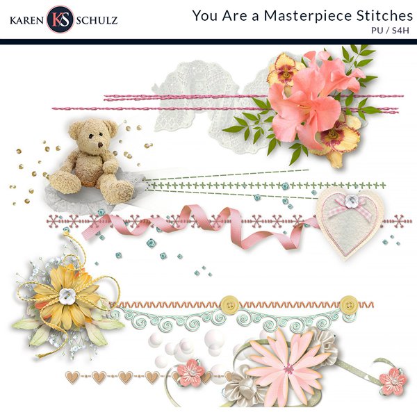 You are a masterpiece digital scrapbook Kit Stitches Preview by Karen Schulz Designs