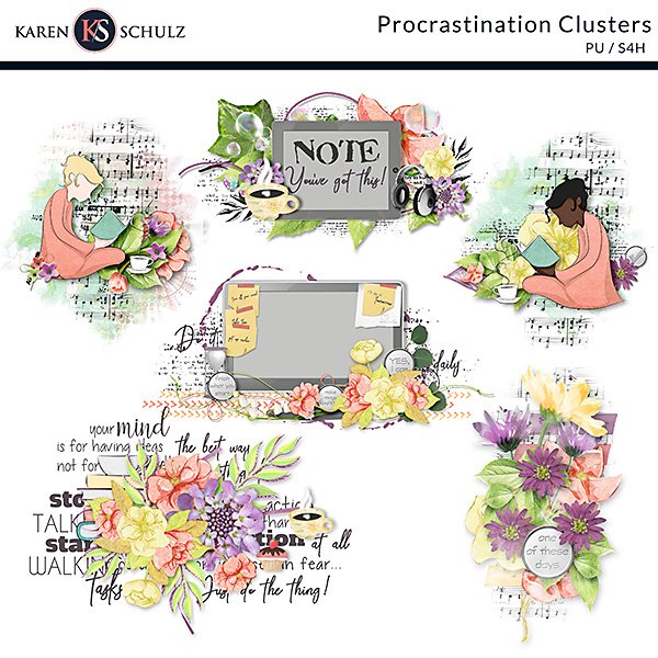 Procrastination Digital Scrapbook Clusters Preview by Karen Schulz Designs