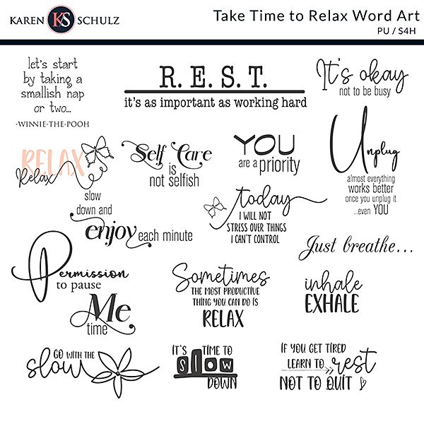 Take Time to Relax Digital Scrapbook Word Art Preview by Karen Schulz Designs