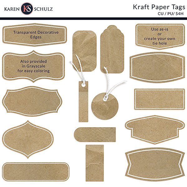 Kraft Paper Tags 01 Preview Digital scrapbooking by Karen Schulz Designs