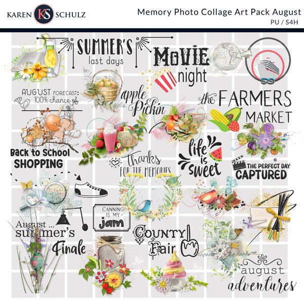 Memory Photo Collage Art Pack August Digital Scrapbook Preview by Karen Schulz Designs
