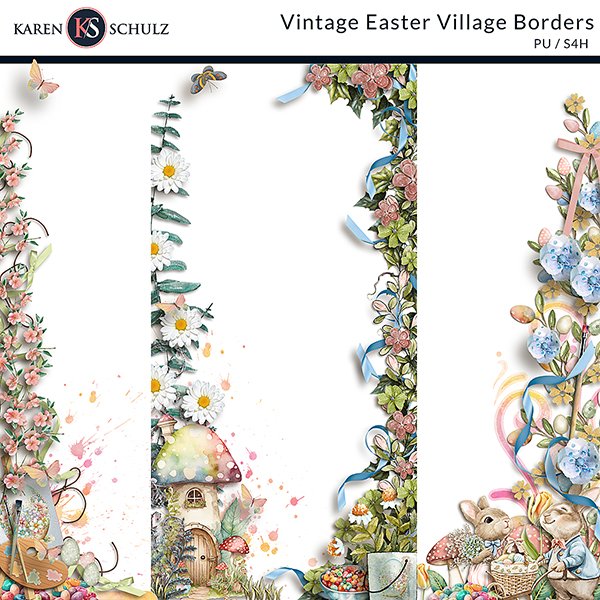Vintage Easter Village Digital Scrapbook Borders Preview by Karen Schulz Designs