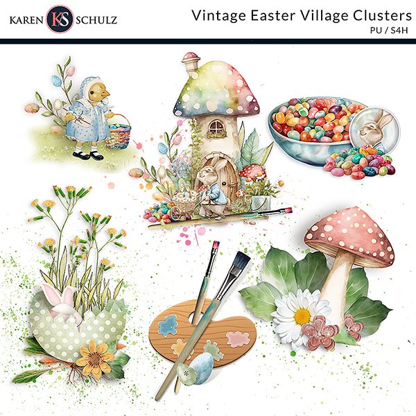 Vintage Easter Village Digital Scrapbook Clusters Preview by Karen Schulz Designs