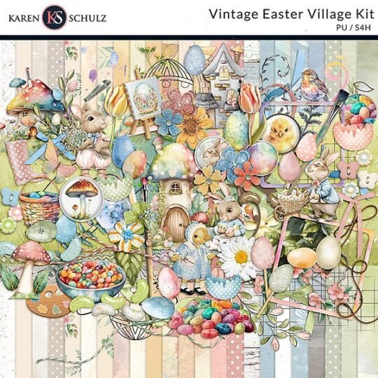 Vintage Easter Village Digital Scrapbook Kit Preview by Karen Schulz Designs