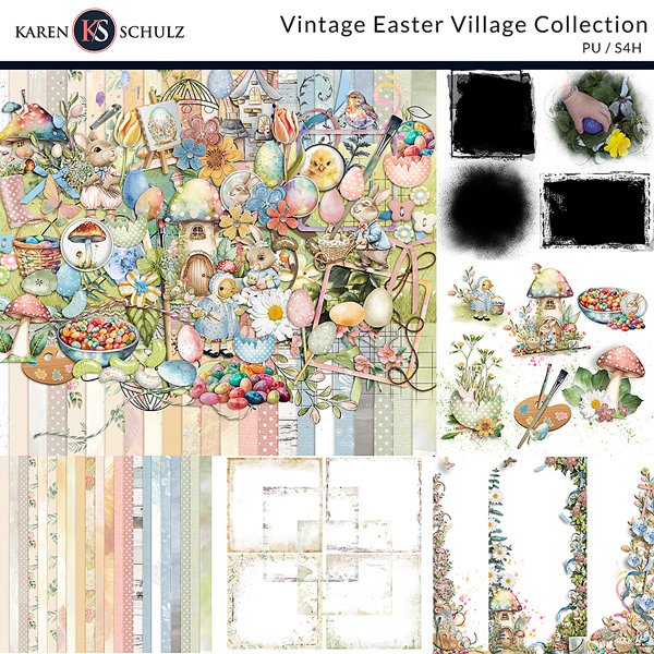 Vintage Easter Village Digital Scrapbook Collection Preview by Karen Schulz Designs