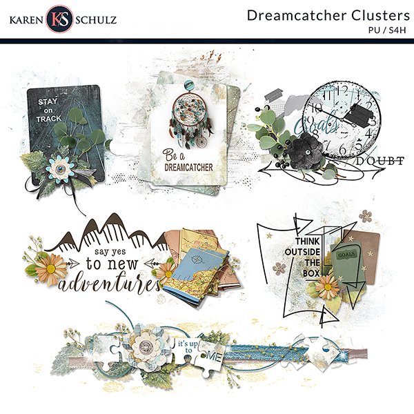 Dreamcatcher Digital Scrapbook Kit Clusters Preview by Karen Schulz Designs