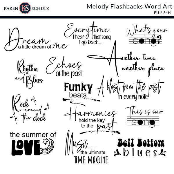 Melody Flashbacks Digital Scrapbook Word Art Preview by Karen Schulz Designs
